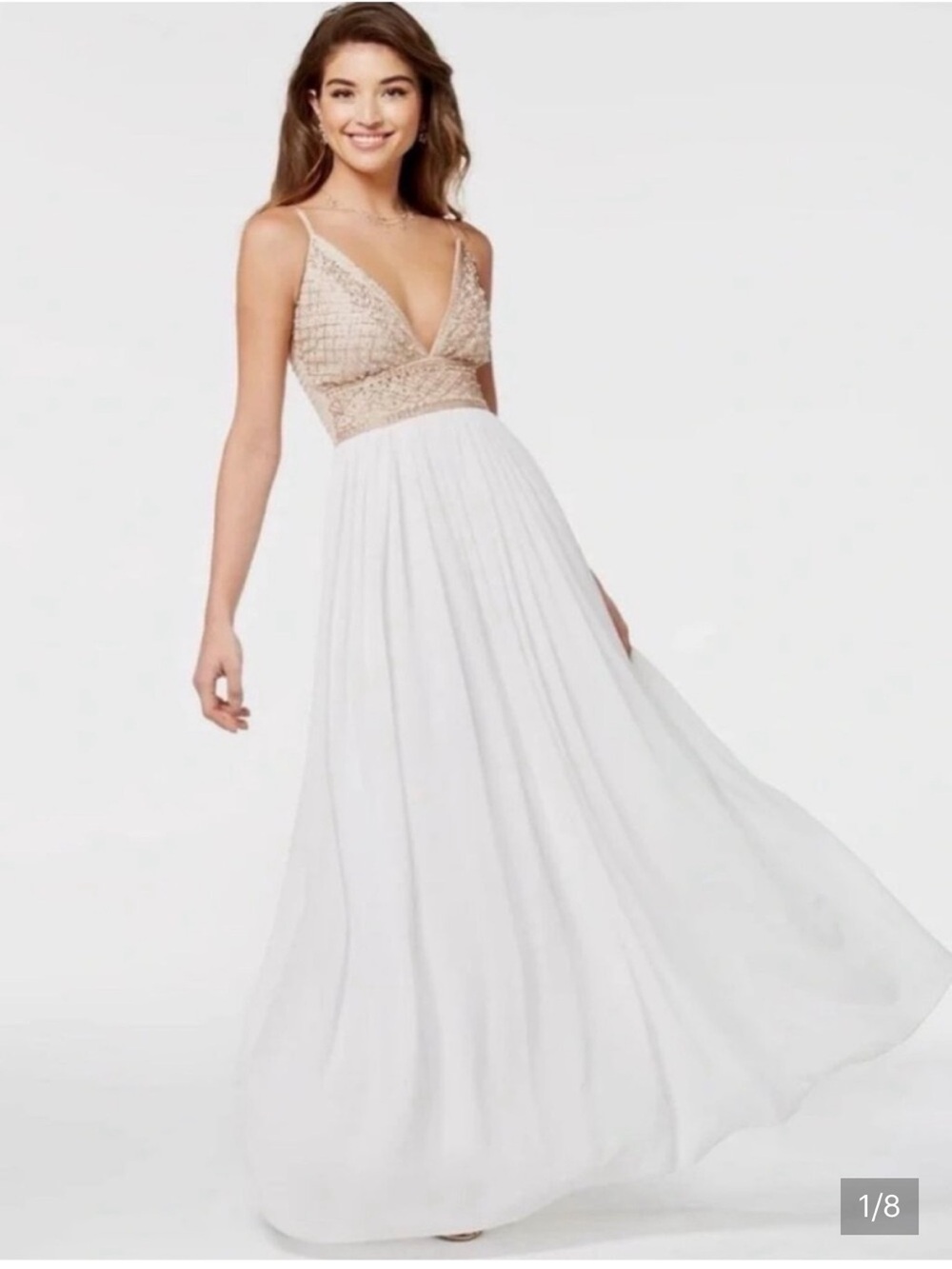 Speechless Beaded V-Neck Spaghetti Strap Maxi Dress in Champagne and White Size9